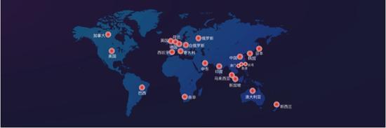国内500+节点，超过10T带宽，单节点40-300G，海外覆盖6大洲(图示是阿里云CDN有部署节点的国家或地区)